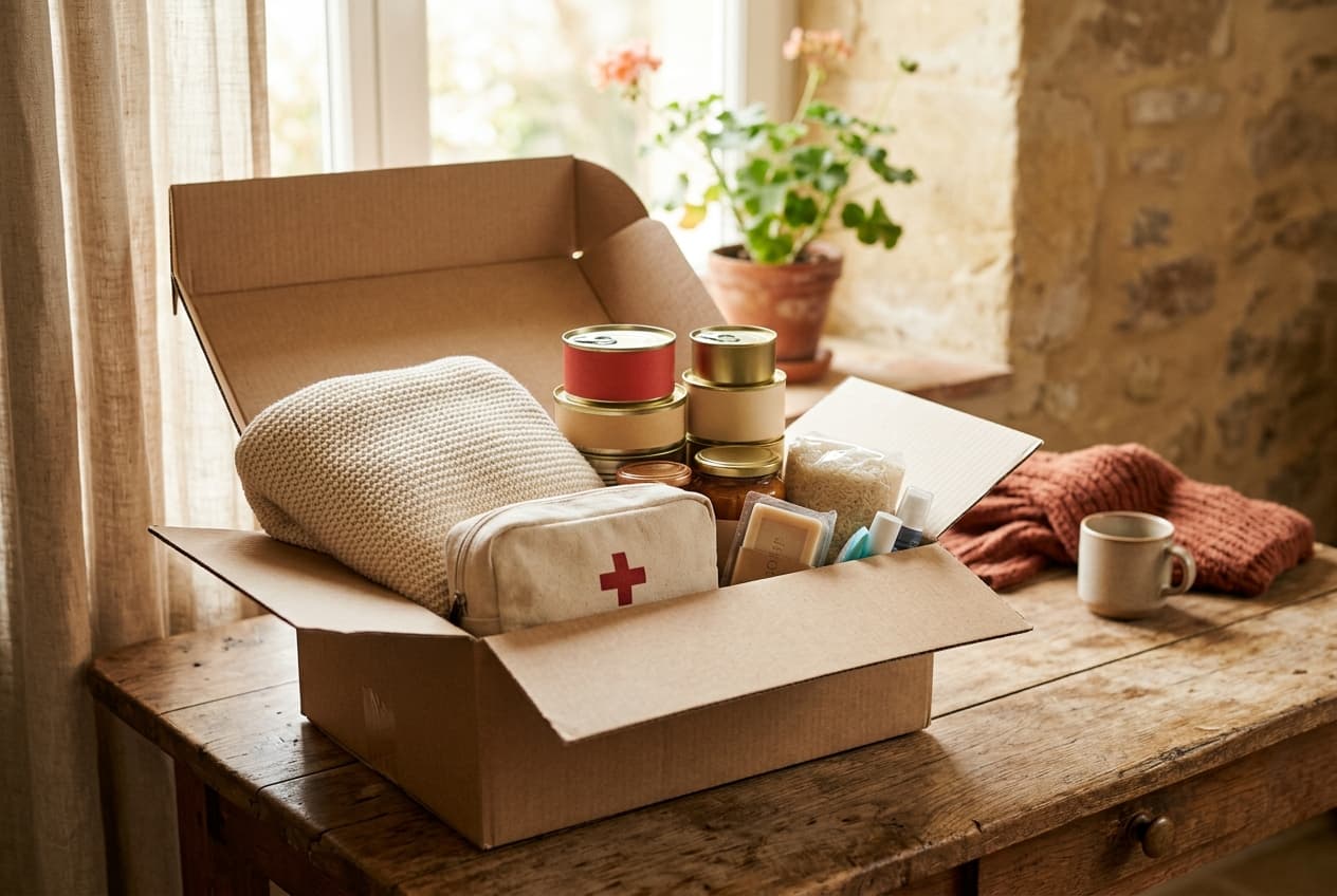 Caja de donación con alimentos, cobijas y botiquín